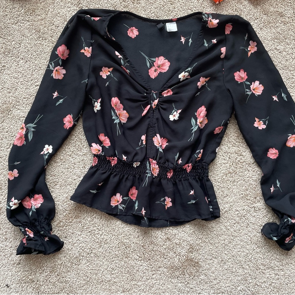 Floral Tie-Front Long Sleeve Blouse - Black with Pink Flowers
